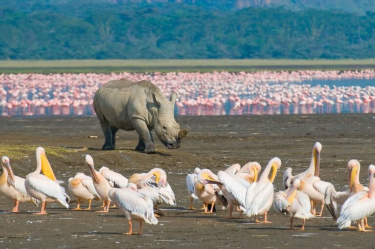 Rhinos and Falmingos in Lake Nakuru